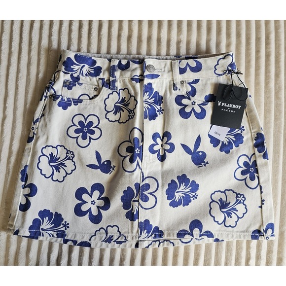PLAYBOY Pants - Playboy PacSun Mini‎ Skirt Womens 26 White Blue Floral Hawaiian 100% Cotton